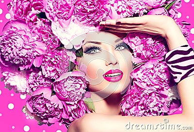 Beauty girl with pink peony hairstyle Stock Photo