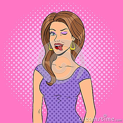 Beauty girl wink with tongue pop art vector Vector Illustration
