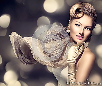 Beauty Glamour Lady with blowing scarf Stock Photo