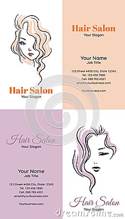 Beauty Hair Salon Business Card Templates Set with Hand Drawn Beautiful Woman Face Logos and Typography. Vector Illustration