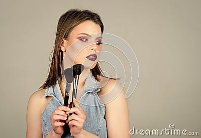 Beauty hairdresser salon. Lipstick and eyeshadow. sensual woman with long hair, style. sexuality. skincare cosmetics Stock Photo