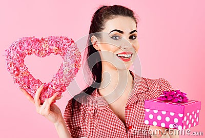 Beauty happy girl with Valentine Gift box. Stock Photo