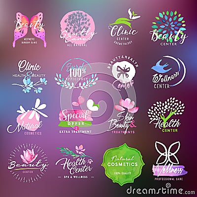 Beauty and health care labels and badges collection Cartoon Illustration