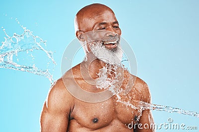 Beauty, health and senior black model with water satisfied with self care, skincare and cleaning routine. Mature Stock Photo