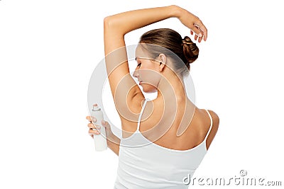 Woman with antiperspirant deodorant over white Stock Photo