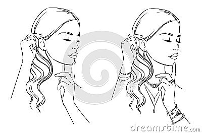 Beauty illustration. Fashion portrait of a woman with her hands at her face, template for jewellery display Vector Illustration