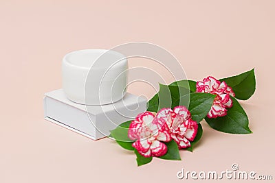 Blank white plastic container for cream, lotion, nourishing or moisturizing mask on stand. Feminine hygienic product Stock Photo