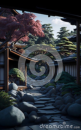 Beauty of Japanese Landscaping Home with a 3D Effect Realistic Rendering Stock Photo