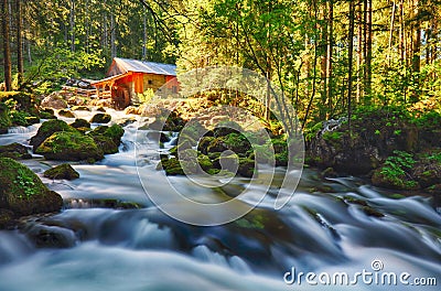 Beauty landscape with river and forest in Austria, Golling Stock Photo