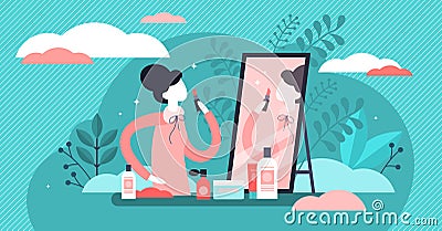 Daily beauty life vector illustration. Tiny woman makeup persons concept. Vector Illustration