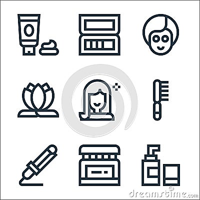 beauty line icons. linear set. quality vector line set such as moisturizer, face cream, hair curler, hairbrush, beauty, lotus, Vector Illustration