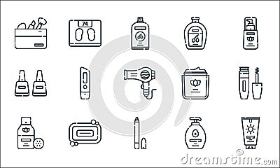 beauty line icons. linear set. quality vector line set such as sunscreen, eye pencil, makeup remover, hand sanitizer, soap, nail Vector Illustration