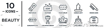 beauty linear icon set. includes thin line feet cream, foam curler, women comb, eyelashes curler, one candle, men cream, curler Vector Illustration
