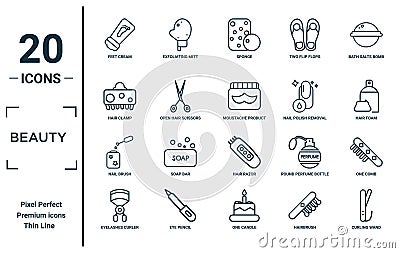 beauty linear icon set. includes thin line feet cream, hair clamp, nail brush, eyelashes curler, curling wand, moustache product, Vector Illustration