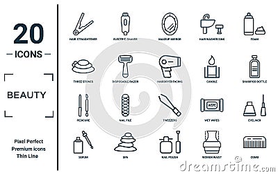 beauty linear icon set. includes thin line hair straightener, three stones, pedicure, serum, comb, hairdryer facing left, eyeliner Vector Illustration