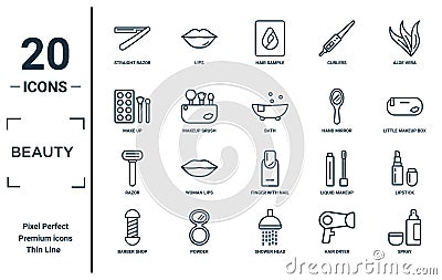 beauty linear icon set. includes thin line straight razor, make up, razor, barber shop, spray, bath, lipstick icons for report, Vector Illustration