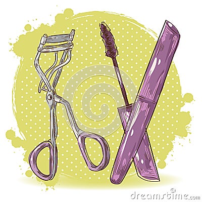 Beauty make-up eyelash curler and mascara card Vector Illustration