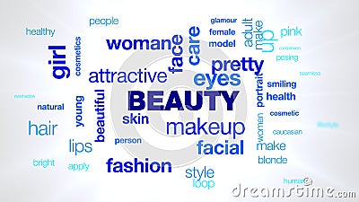 beauty makeup beautiful attractive pretty, fashion typography word cloud animation. Stock Photo