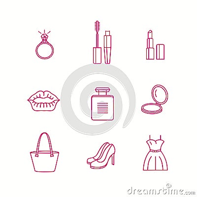 Beauty and makeup icon set in trendy linear style. Vector Illustration