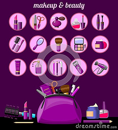 Beauty, makeup icons and Makeup bag with beautician tools. Vector Illustration