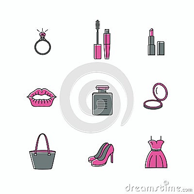 Beauty and makeup icons - set of signs related to women. Vector Illustration