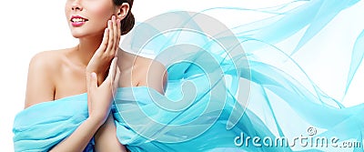 Beauty Makeup Skin Care, Woman Touching Face by Hand, Young Girl in Blue Waving Cloth Stock Photo