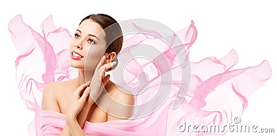 Beauty Makeup Skin Care, Woman Touching Face by Hand, Young Girl in Pink Stock Photo