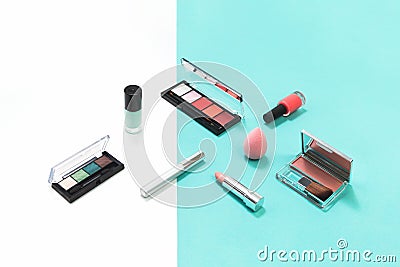 Beauty makeup tools and brushes on white flat lay Stock Photo