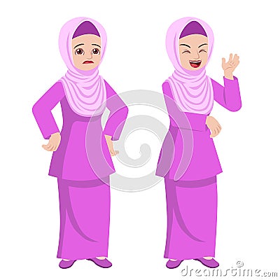 Malay woman in traditional dress emotion Vector Illustration