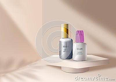 Beauty mockup. Bottle of glue. Exhibition podium. Tropical leaf shadow. 3D rendering Stock Photo