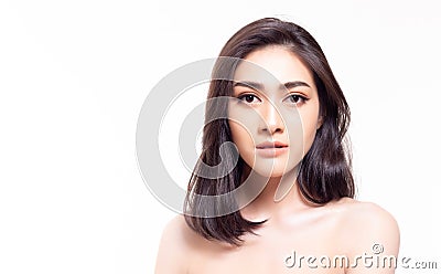 Beauty model asian woman with natural make up and long eyelashes, long hair. Spa and wellness. Youth and skin care concept. Portra Stock Photo