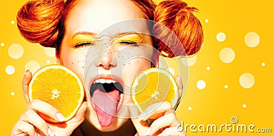 Beauty model girl with juicy oranges Stock Photo