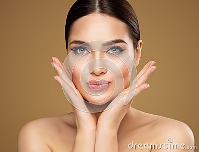 Beauty Model showing Cheekbones and Full Lips. Beautiful Woman Face Skin Care. Women Dermal Filler and Permanent Make up Stock Photo