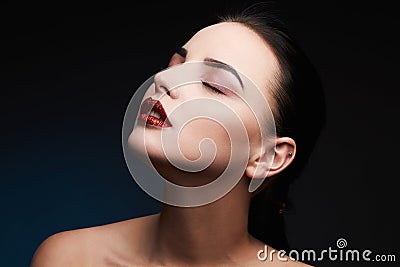 Beauty Model Woman.Beautiful Gorgeous Glamour Lady Portrait.Sexy Lips. Beauty Red Lips Makeup Stock Photo