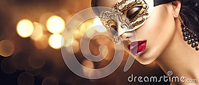 Beauty model woman wearing venetian masquerade carnival mask at party Stock Photo