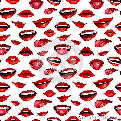 Beauty modern realistic seamless pattern with lips isolated on white Vector Illustration