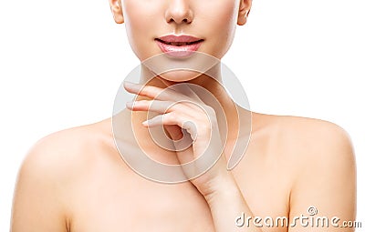 Beauty Natural Skin Care, Woman Touching Face By Hand, Young Girl on White Stock Photo