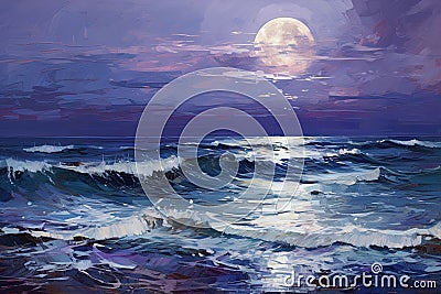 beauty of the night with this thick paint painting, a captivating depiction of beach waves Stock Photo