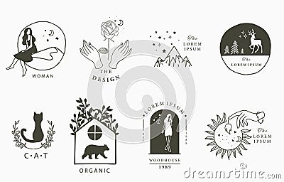 Beauty occult collection with cat, deer,bear,flower,house.Vector illustration for icon,sticker,printable and tattoo Vector Illustration