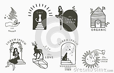 Beauty occult collection with cat, deer,bear,flower,house.Vector illustration for icon,sticker,printable and tattoo Vector Illustration