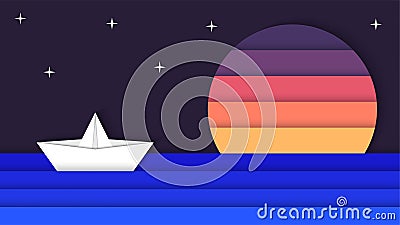 Beauty Paper art of sailing boat sunset vector illustration, good for abstract background,wallpaper and backdrop Vector Illustration