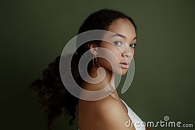 Beauty photo of young elegant African American woman with afro. Hands poses. Gentle portrait. Fashion beauty close up portrait. N Stock Photo