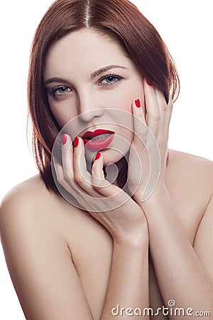 Beauty portrait of beautiful cheerful fresh woman (30-40 years) with red lips and brown hair style. Isolated on white background. Stock Photo