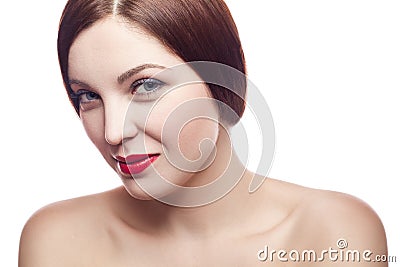 Beauty portrait of beautiful cheerful fresh woman (30-40 years) with red lips and brown hair style. Isolated on white background. Stock Photo