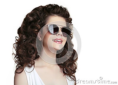 Beauty portrait Fashion teen girl wearing stylish sunglasses iso Stock Photo