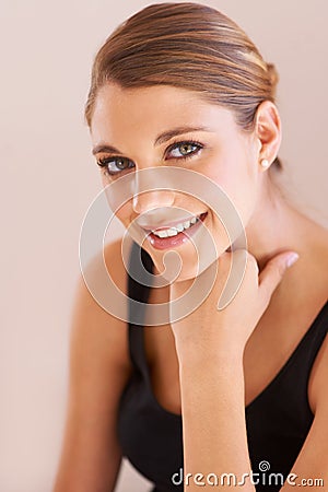 Beauty portrait, happiness and studio woman with skin wellness shine, facial cosmetics aesthetic or skincare glow. Face Stock Photo