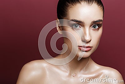 Beauty Portrait of Pretty Woman with Strobing Makeup. Wet Body E Stock Photo