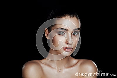 Beauty Portrait of Pretty Woman with Strobing Makeup. Wet Body E Stock Photo