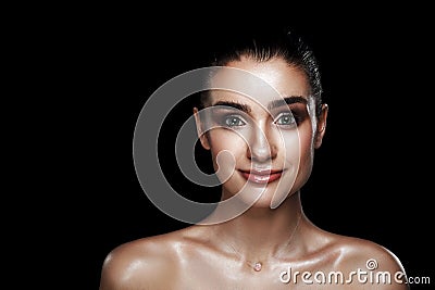 Beauty Portrait of Pretty Woman with Strobing Makeup. Wet Body E Stock Photo