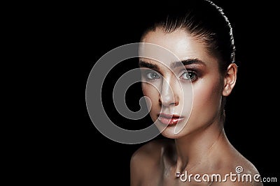 Beauty Portrait of Pretty Woman with Strobing Makeup. Wet Body E Stock Photo